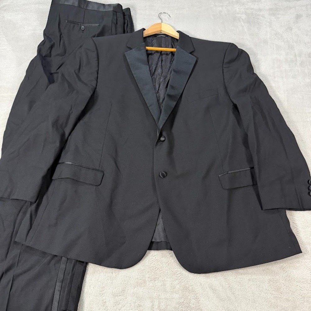 Pronto Uomo Mens 50R Classic Fit Tuxedo Suit Black Wool Satin Lapel Pants 48x31